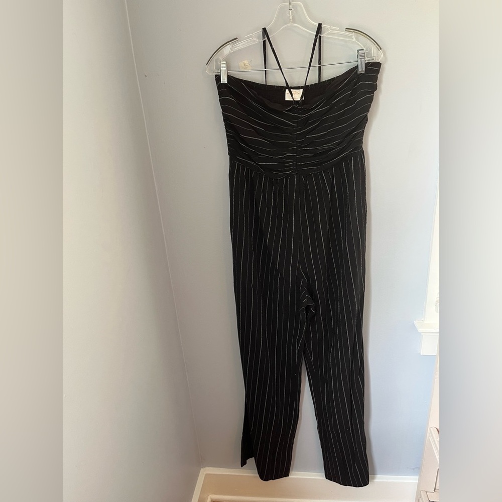 Elegant Black Striped Women's Jumpsuit, wide leg, elastic back pockets